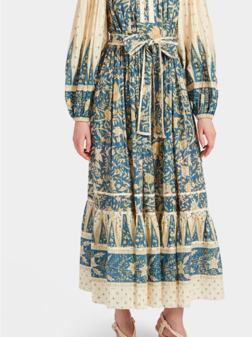 Ulla Johnson Blue and Cream Floral Tiered Midi Dress with Belt